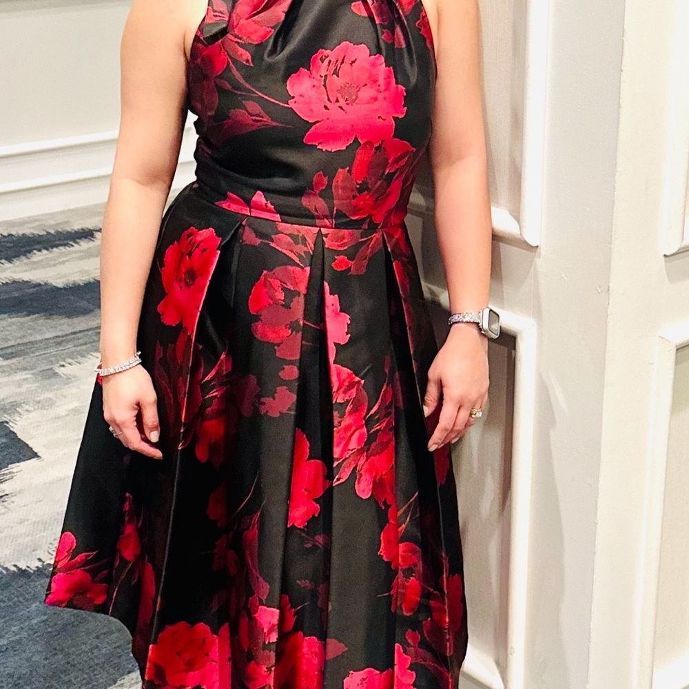 Maison Tara Elegant Black and Red High Low Dress
